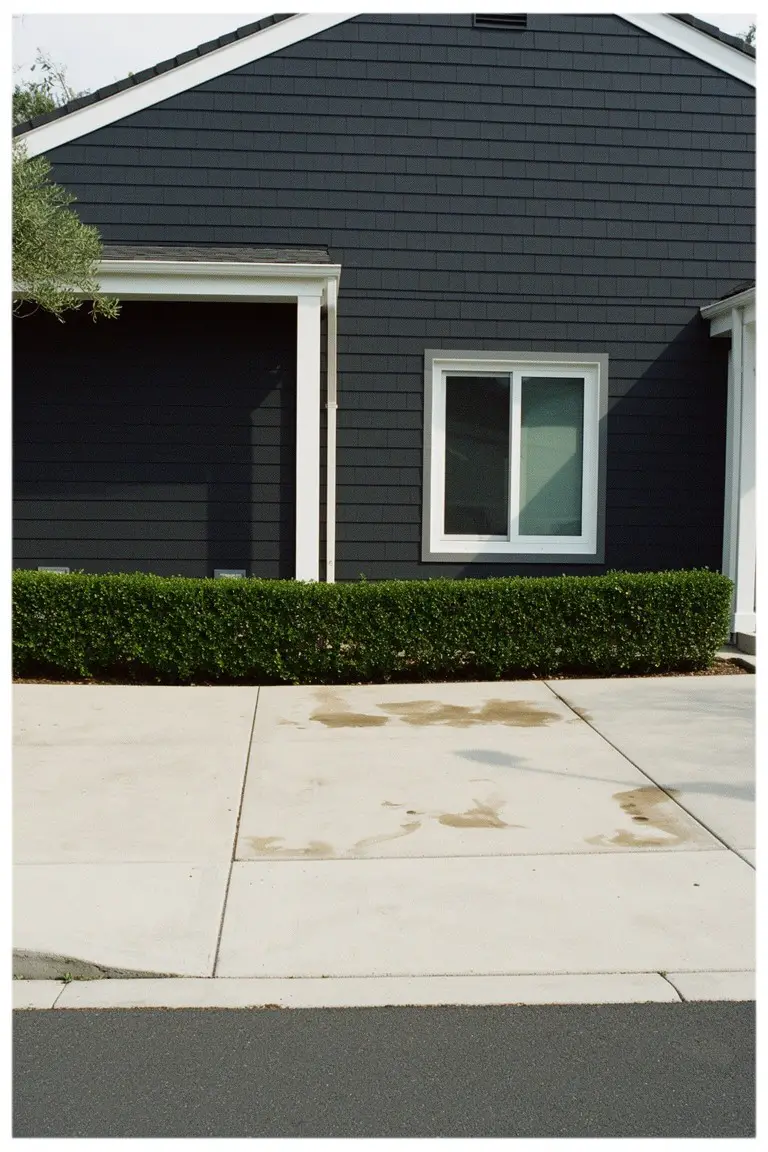 House exterior with deep charcoal gray shingle siding, bright white window and door trim, and concrete driveway