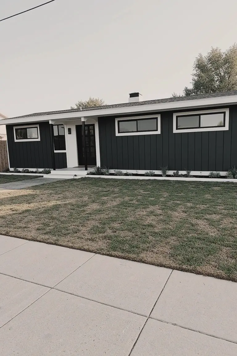Ranch-style house exterior with deep charcoal gray board-and-batten siding and bright white trim framing the door and windows