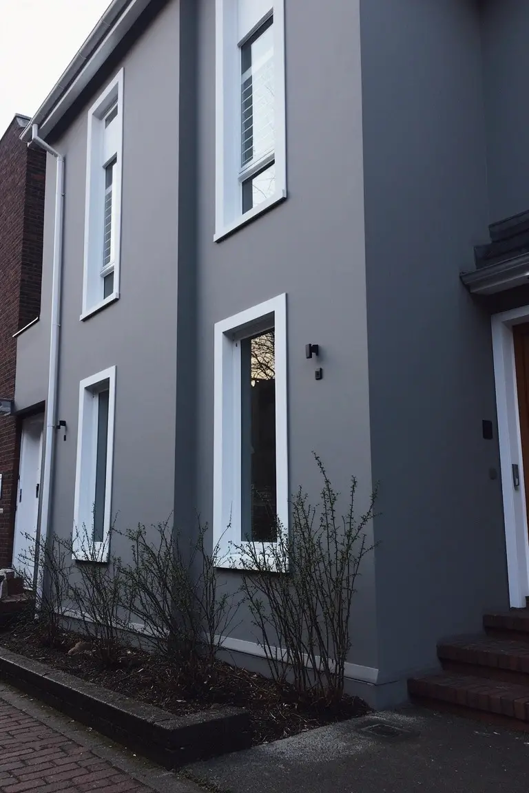 Modern two-story house with cool gray siding, white window trim, and wooden front door on brick path