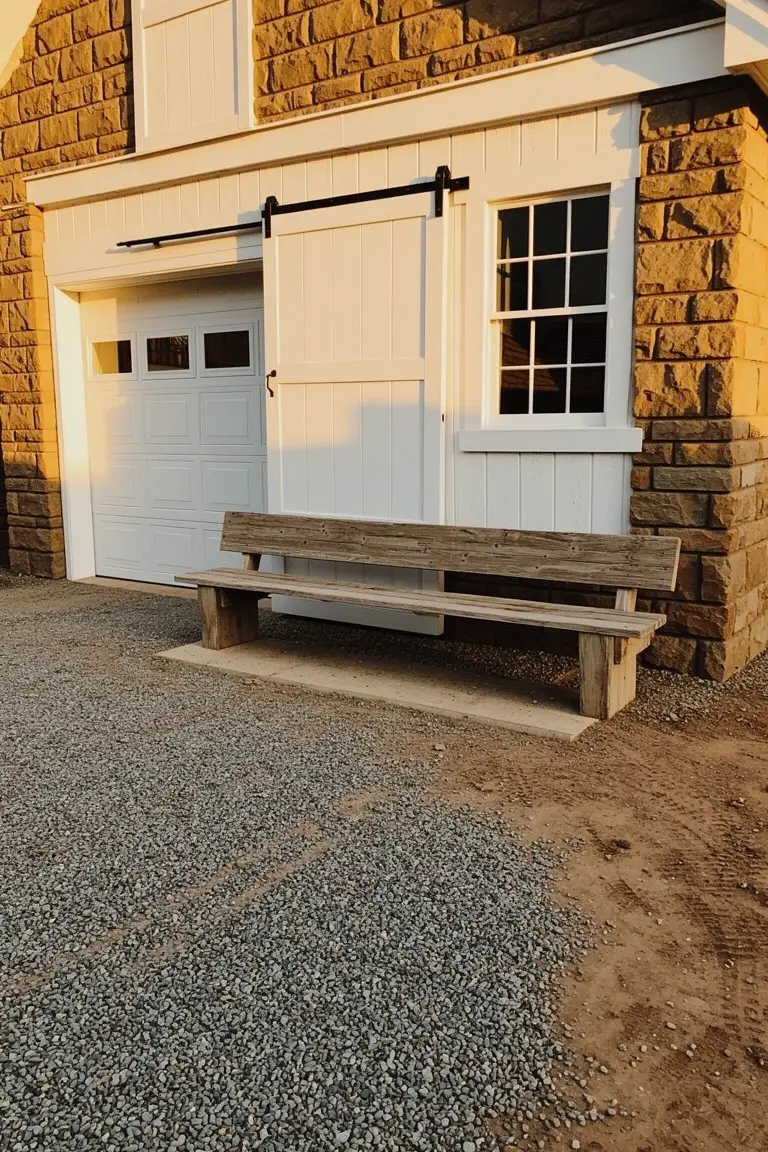 Rustic garage exterior with crisp white trim on doors and siding against beige stone base, wooden bench on gravel path