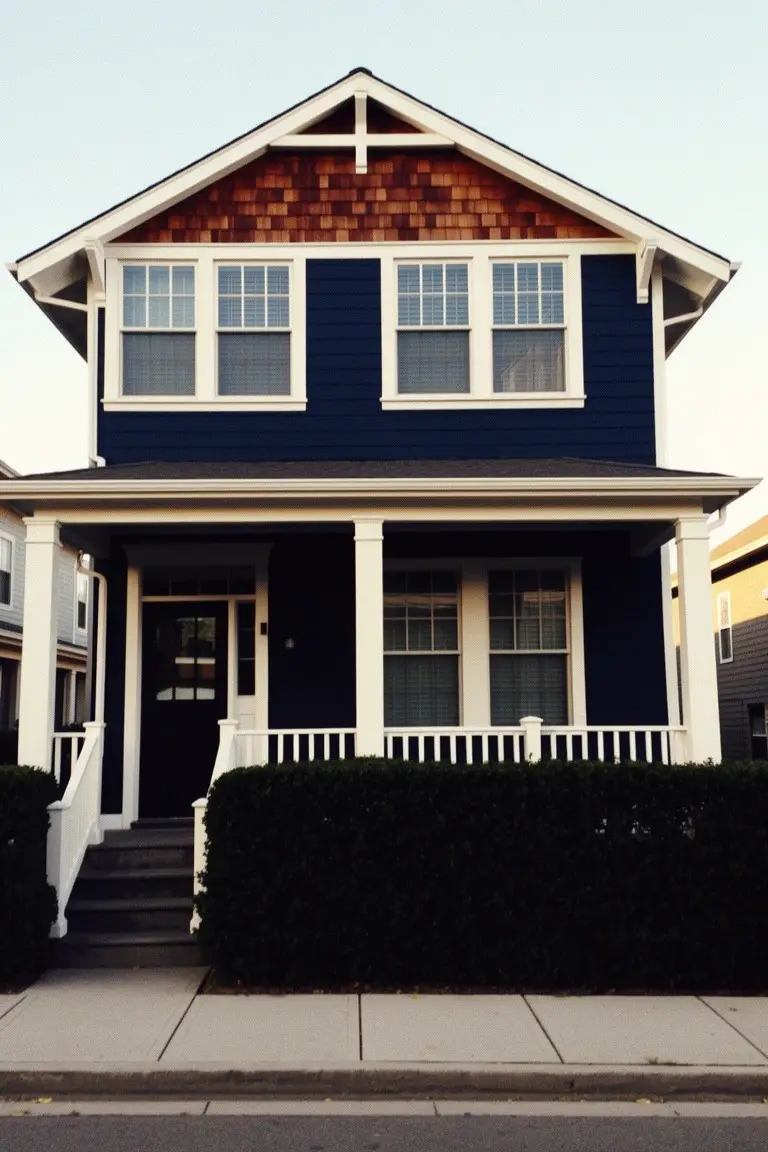 Deep navy blue house exterior with white trim, cedar shake gables, and front porch columns