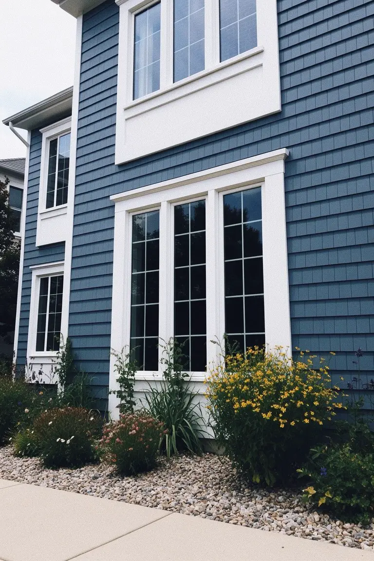 Navy blue shingled house exterior with white window trim, shrubs, and gravel landscaping
