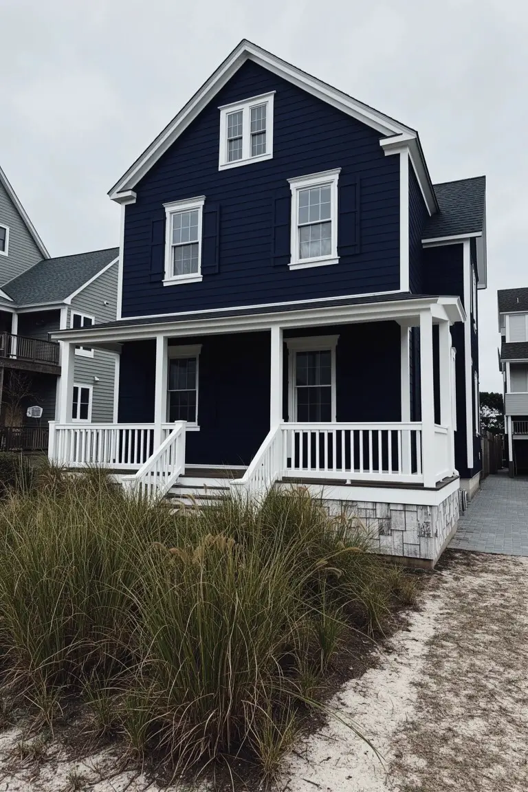 Deep navy blue clapboard house exterior with white trim, porch columns, and railing near beach grass
