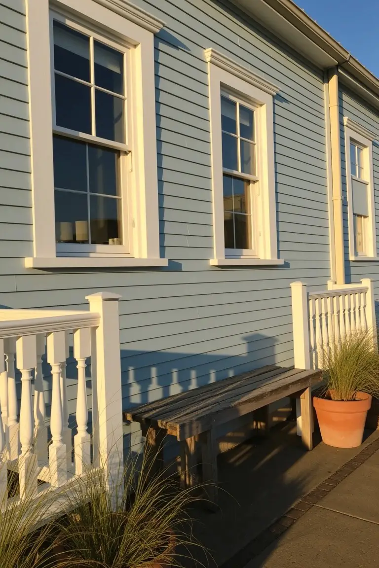 Light blue clapboard house siding with white window trim, wooden bench, and potted grasses