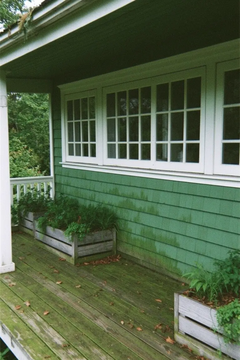 Muted sage green shingle siding on house exterior with white trim windows and wooden porch planters
