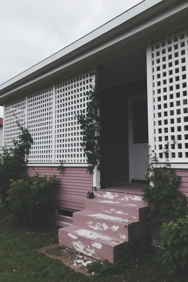 Pale pink clapboard house exterior with white lattice porch screens, pink steps, and green vines in soft overcast light