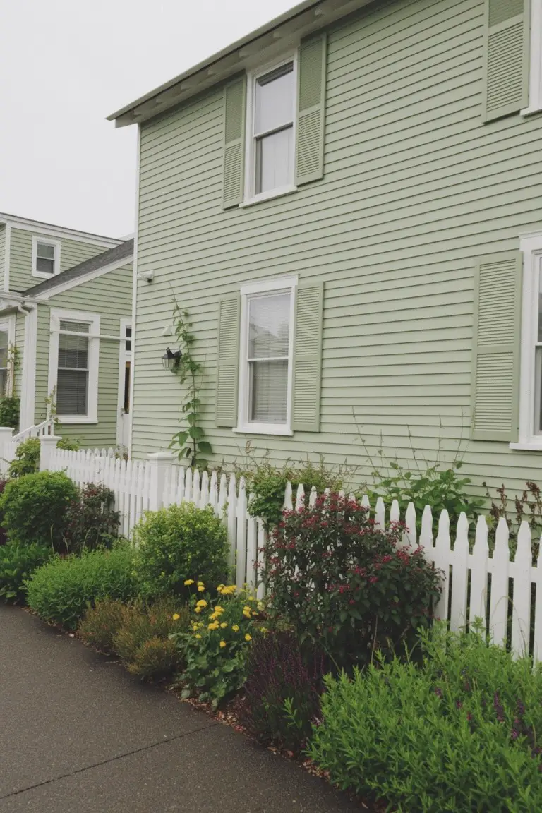 Pale sage green clapboard house exterior with white trim, shutters, and picket fence edged by shrubs and flowers