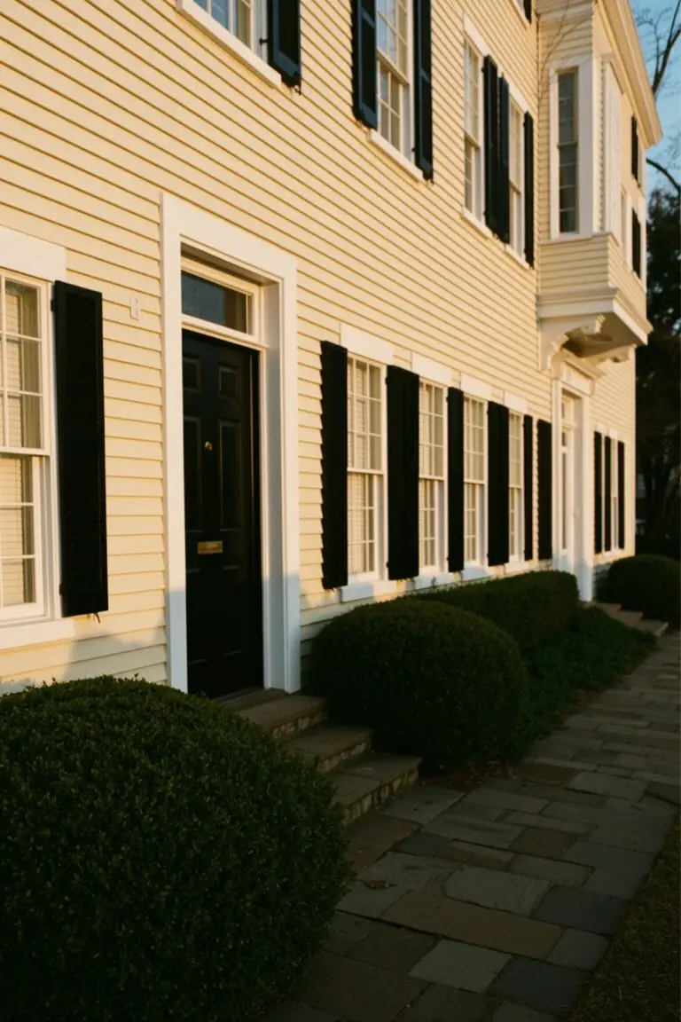 Pale yellow clapboard house exterior with black shutters and front door, white trim accents, boxwood shrubs, and stone walkway