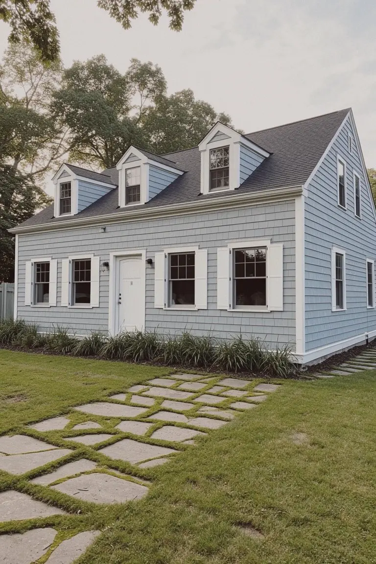 Soft blue-gray clapboard house exterior with white trim, dormers, and front door, set on green lawn with stone path