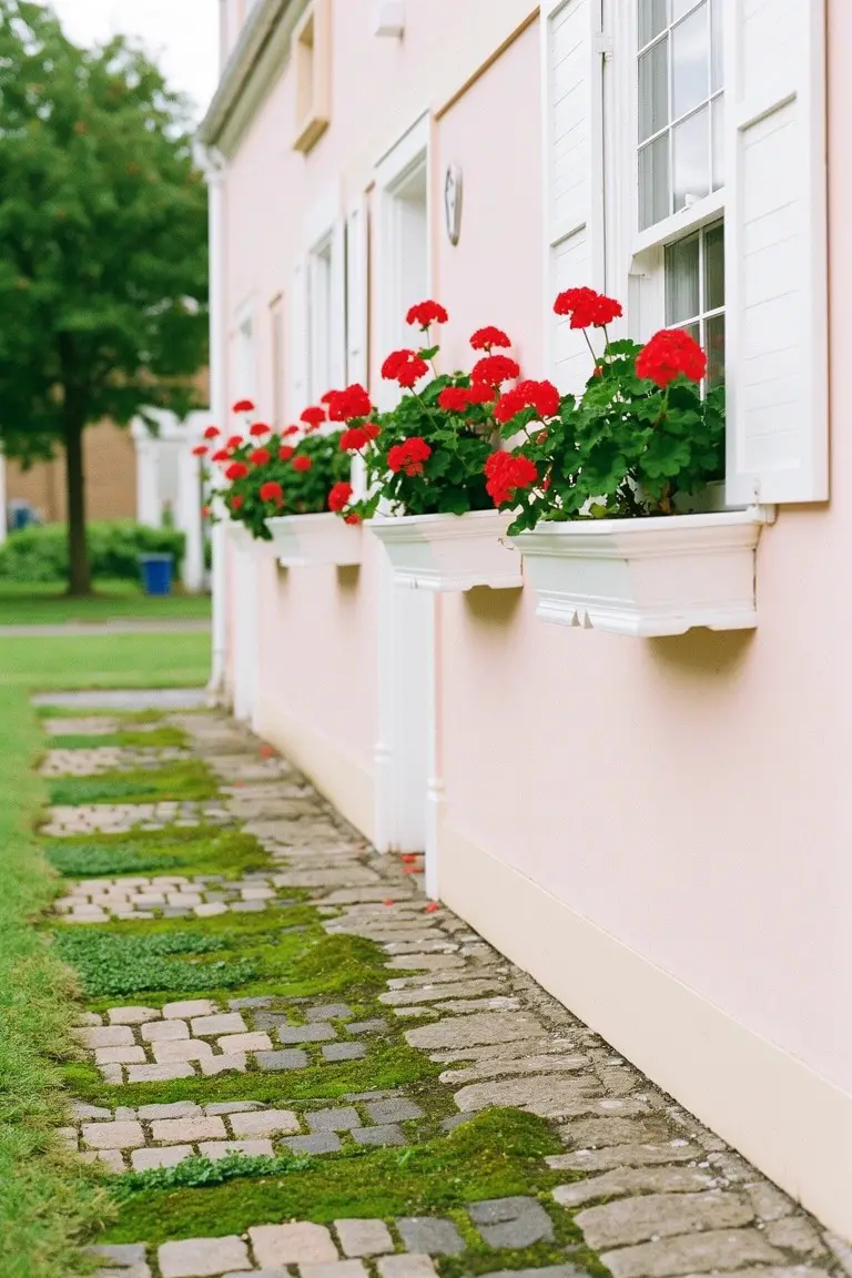 Pale pink house exterior with white shutters and trim, red geranium window boxes, and mossy stone path