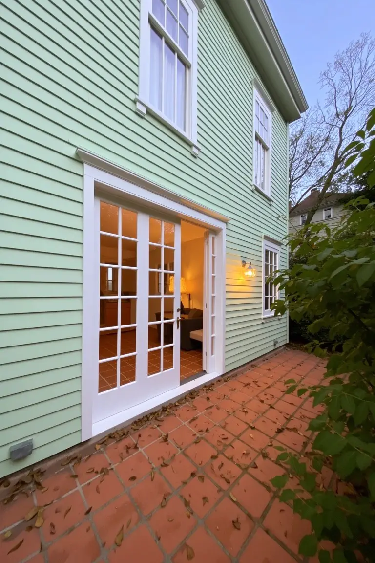 Soft green painted house siding with white trim on open French doors leading to terracotta patio