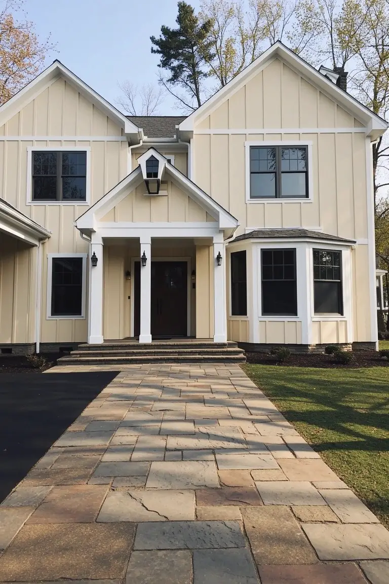 Two-story house exterior with warm creamy beige siding, bright white trim, covered front porch, and paver stone walkway leading to blacktop driveway