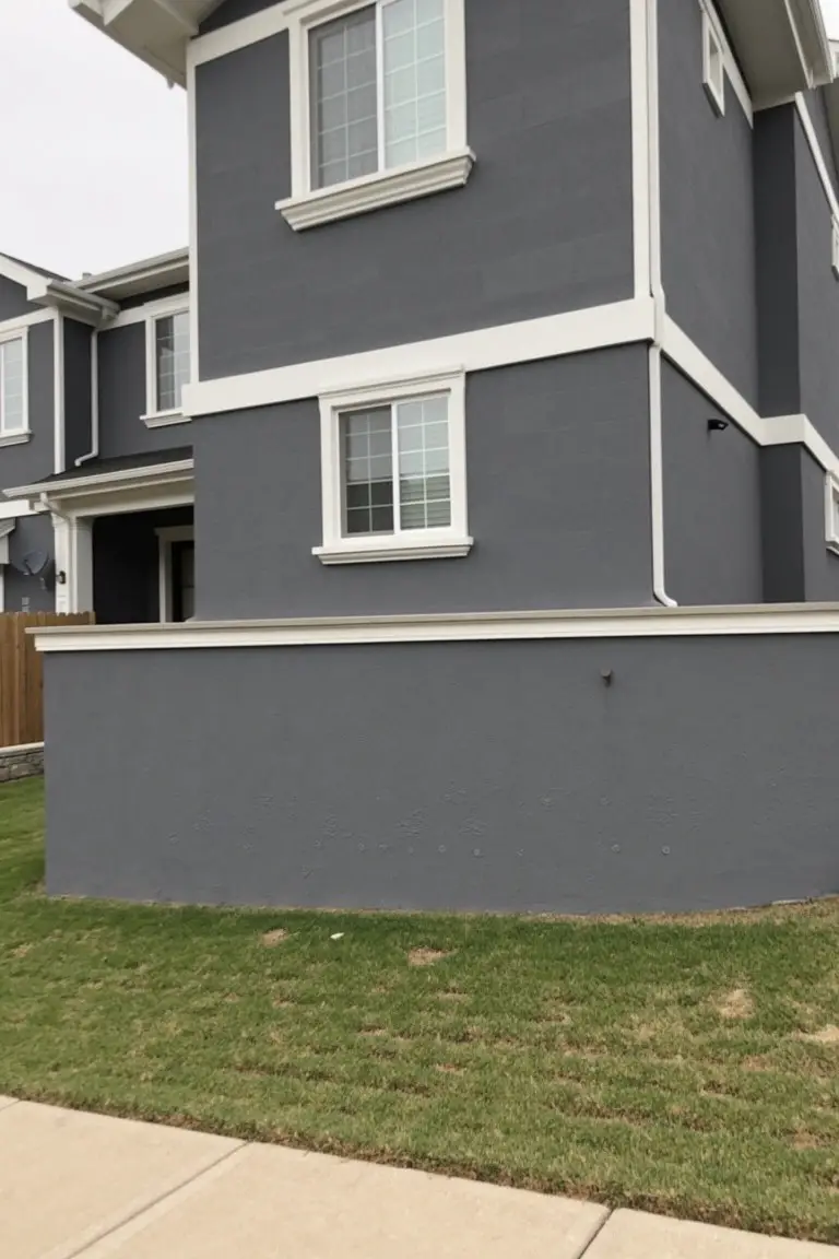 Two-story modern house with cool medium gray siding, white trim around windows, and clean lines against a grassy yard