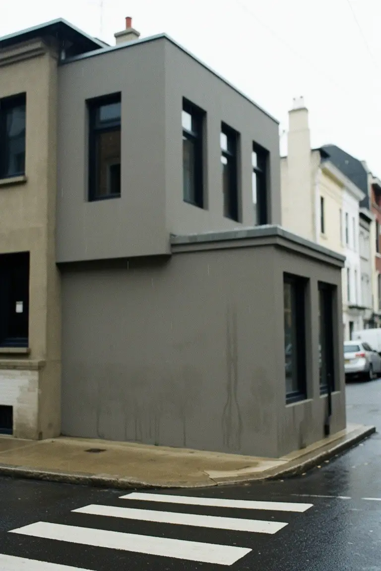 Cool mid-gray paint on a modern house extension next to older brick buildings