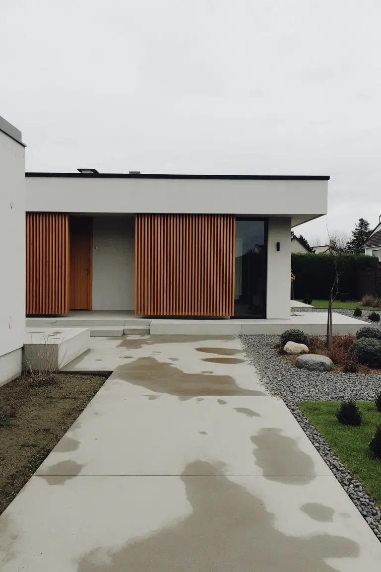 Modern house exterior in light gray with wood slats, concrete walkway, and gravel garden