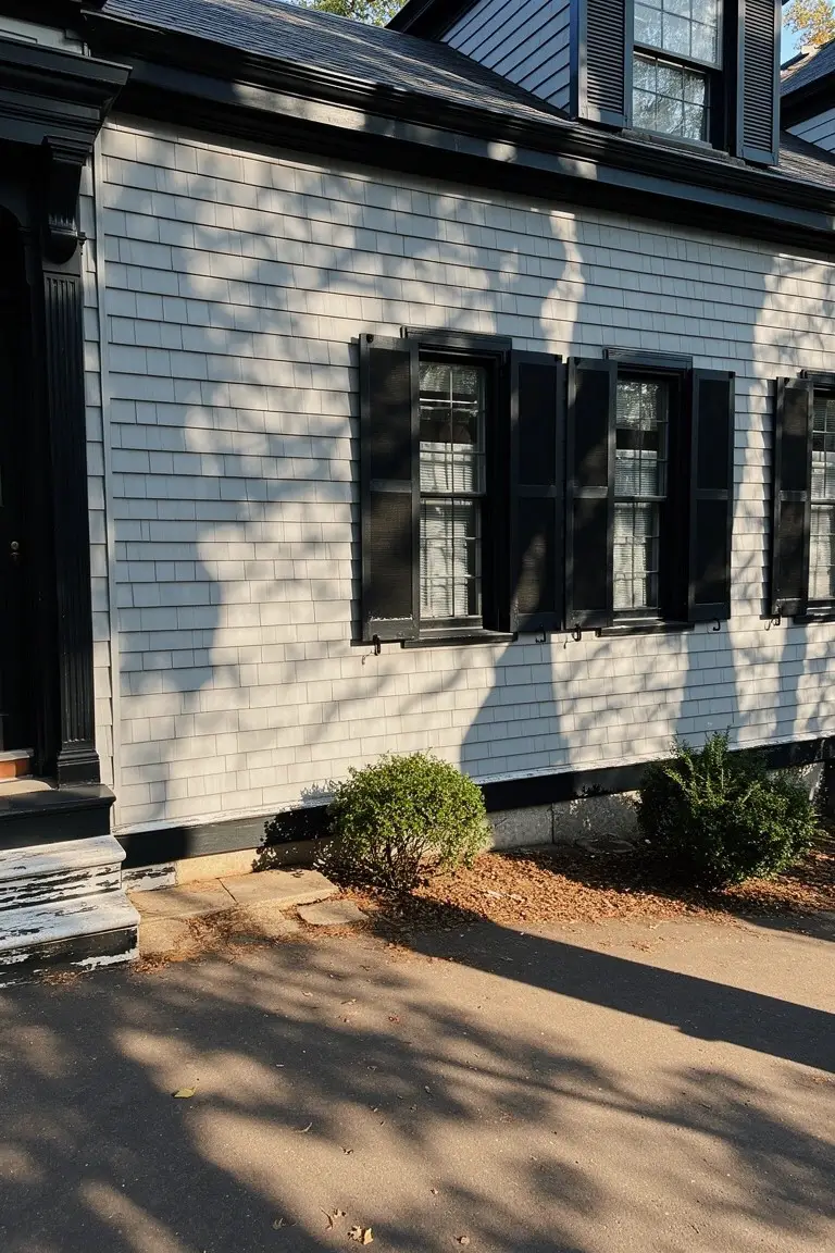 Pale gray clapboard house exterior with black shutters, trim, and a small bush near the steps