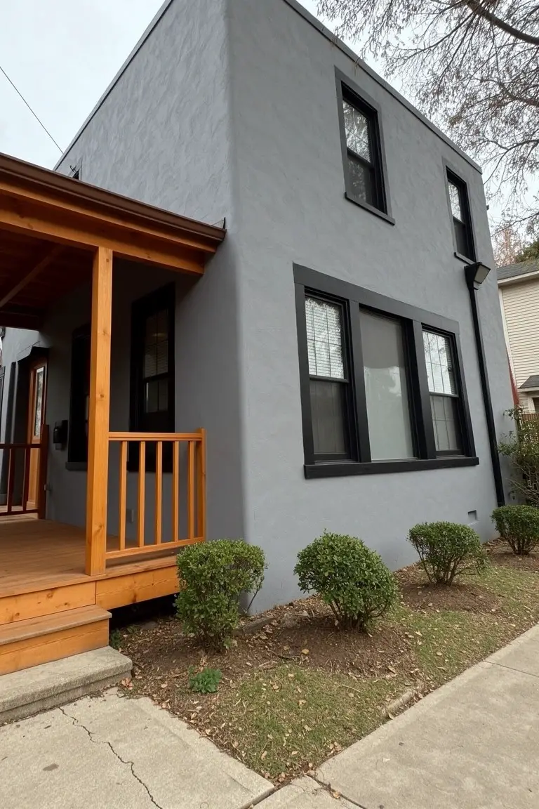Dark gray stucco house exterior with wooden porch and black-trimmed windows