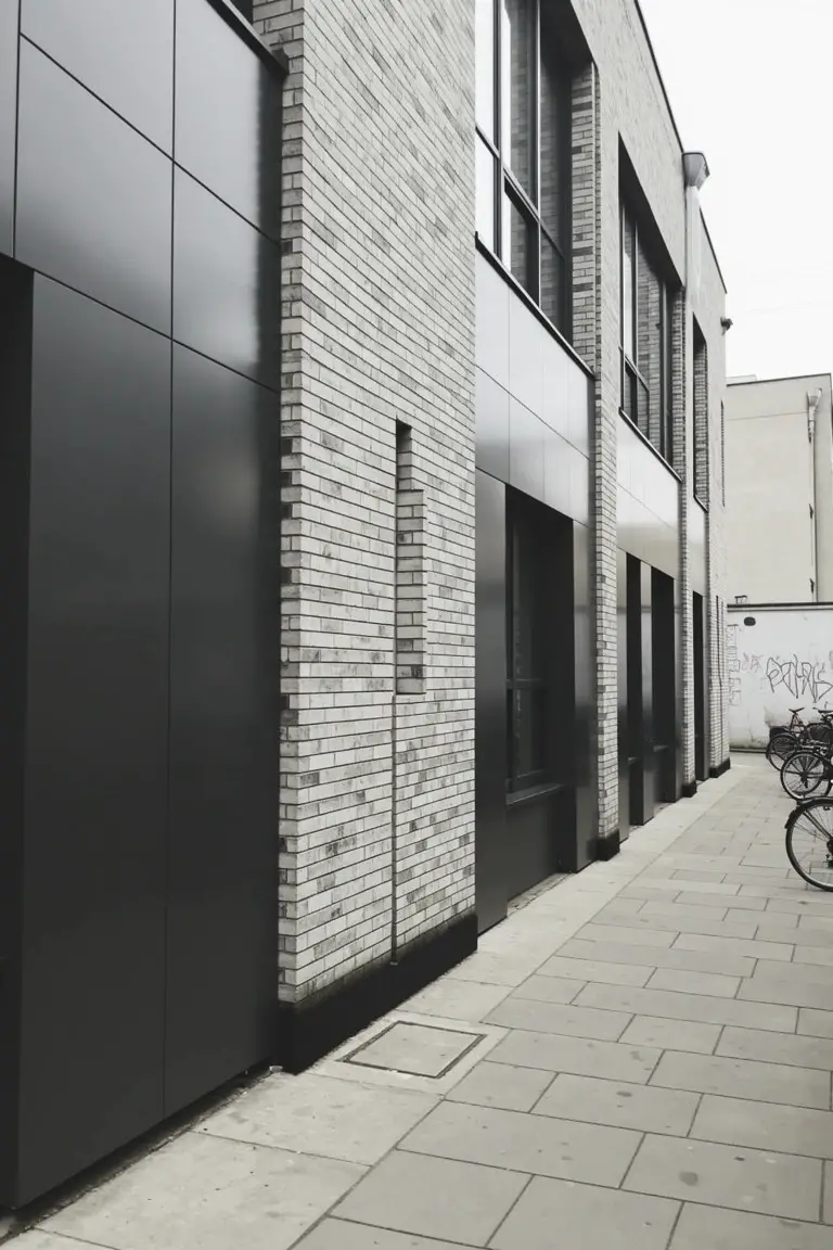 House exterior with deep charcoal gray panels next to light brick and pavement