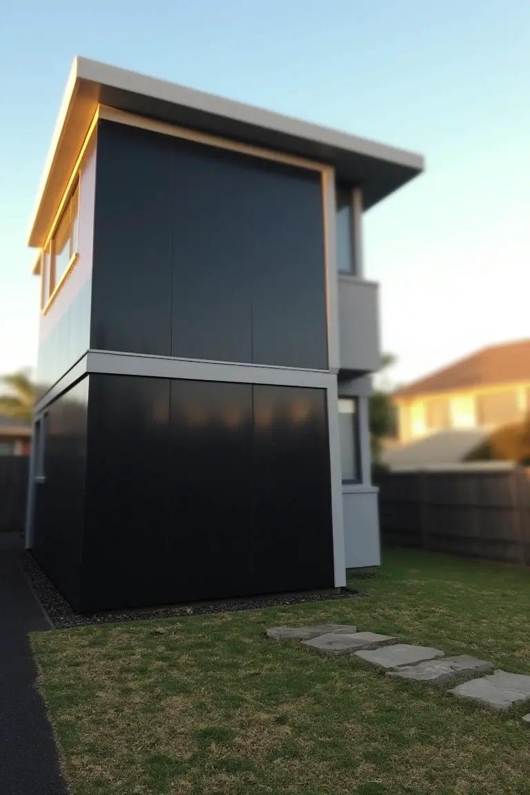 Modern house exterior featuring deep charcoal gray siding with light gray trim and stepping stones in the yard