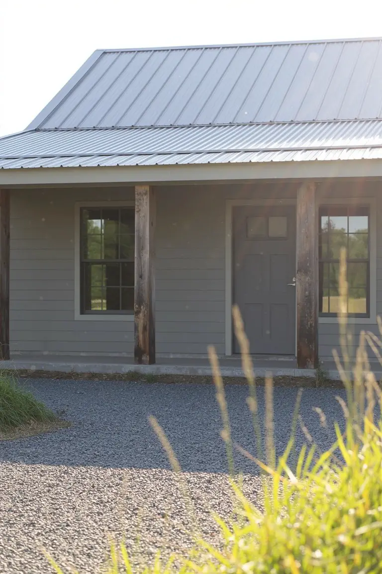 House exterior painted in soft warm gray siding with wooden posts, dark door, and metal roof under sunlight