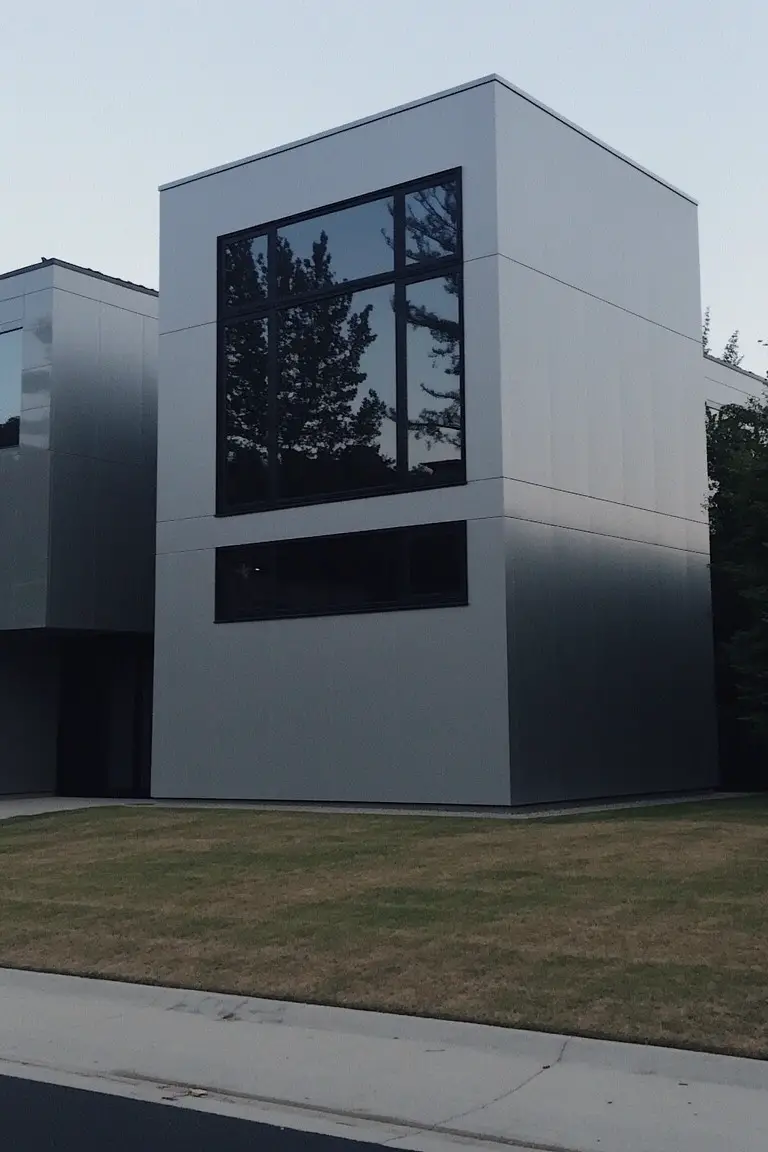 Modern boxy house clad in polished cool gray metal panels with reflective sheen and black-framed windows