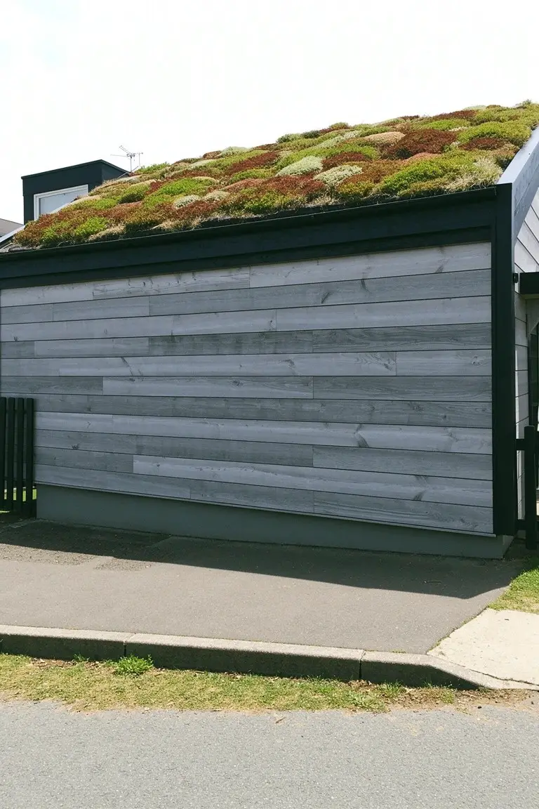 Modern house side with light silvery gray wood siding, black trim edges, and lush green sedum roof under clear sky