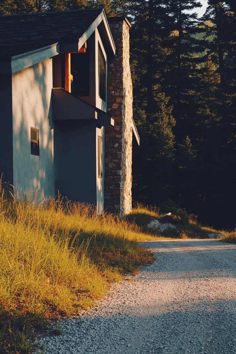 Soft cool gray house siding with stone chimney and gravel path in wooded setting