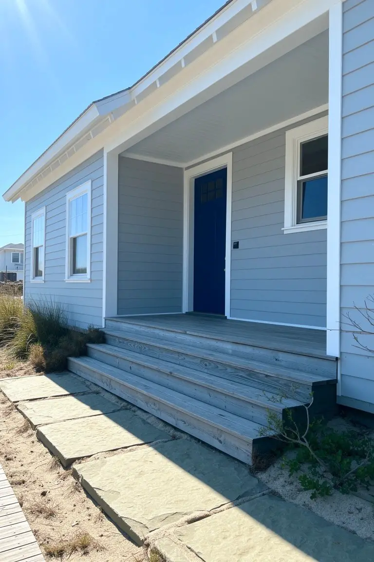 Light gray house exterior with white trim, blue front door, covered porch, and wooden steps near beach grass