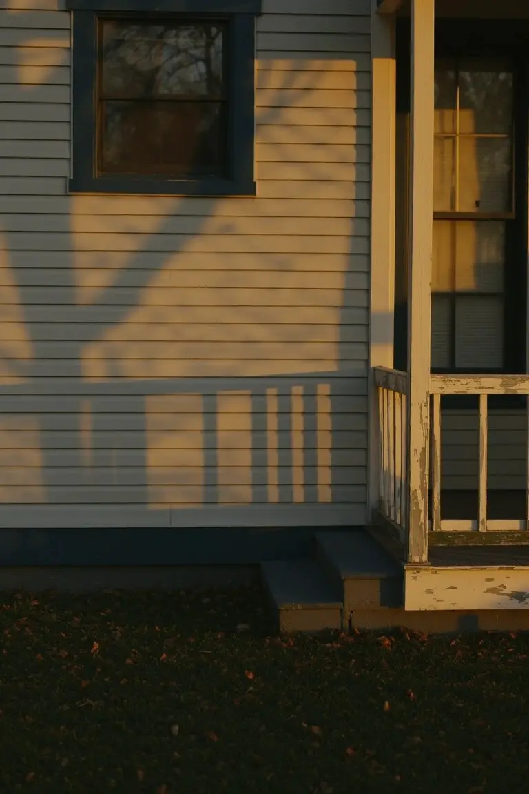 Light warm gray clapboard siding on a house porch with white trim and subtle shadows