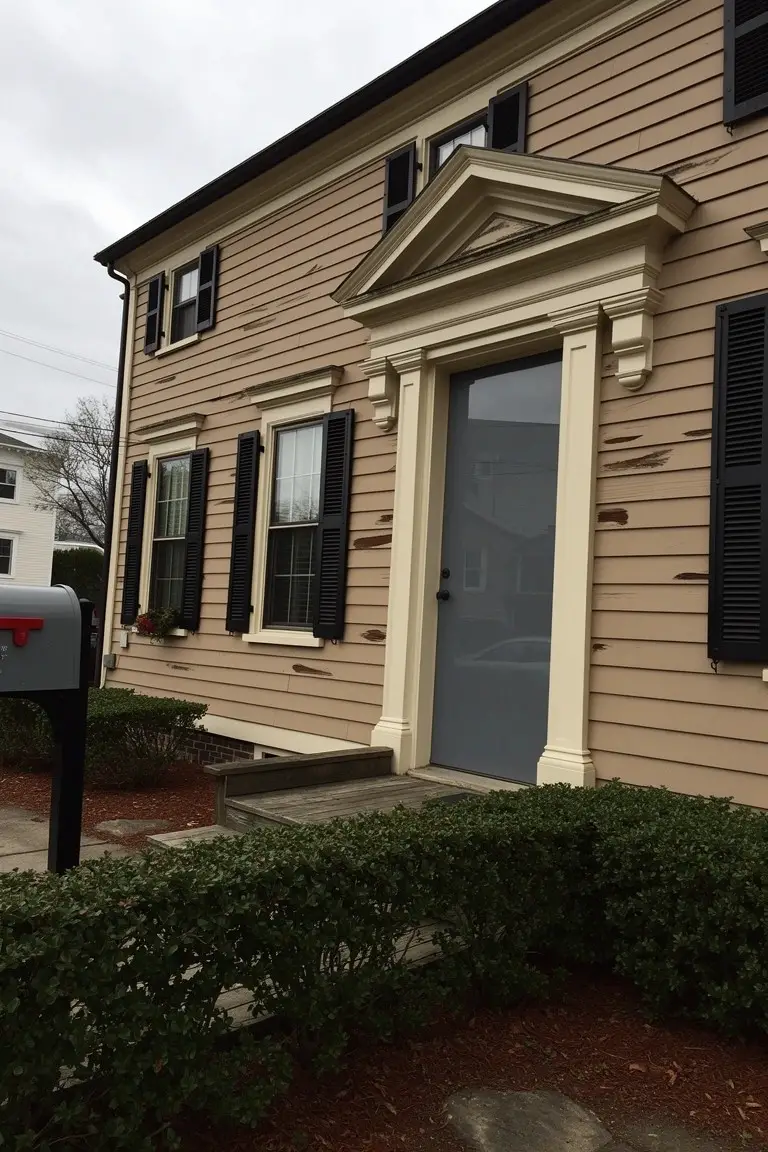 Traditional house with warm greige clapboard siding, black shutters, and white pediment trim over a gray door