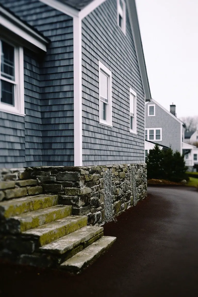 Dark charcoal gray shingled house exterior with mossy stone steps, white trim, and neighboring homes