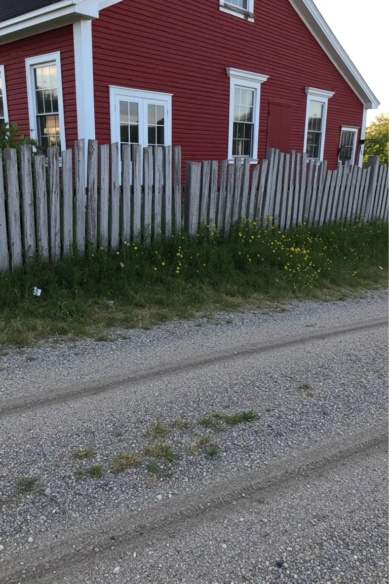 Red clapboard house exterior with white window trim and a sagging gray wood fence along a gravel path
