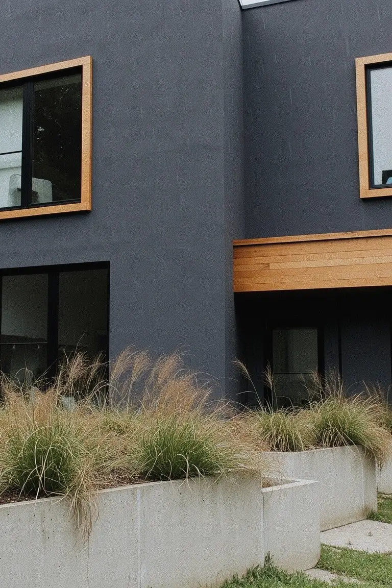Modern house exterior in deep cool gray with warm wood window frames, white planters, and tall grasses