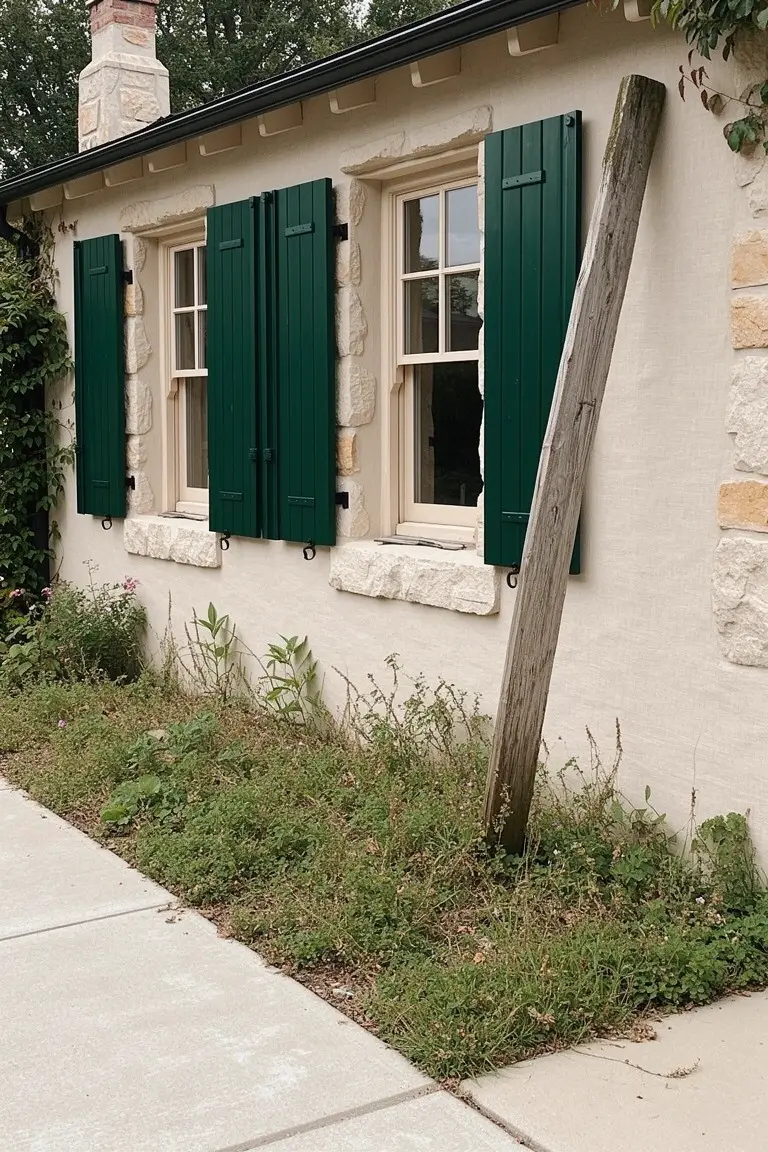 Stone cottage exterior with dark green shutters on double-hung windows, leaning post nearby, and overgrown plants along the path