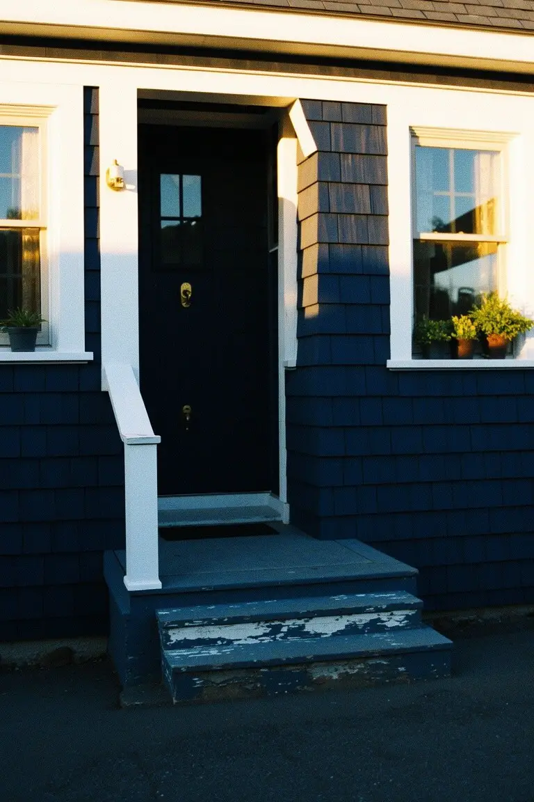 Navy blue shingled house exterior with white trim, black front door, and potted plants in sunny windows