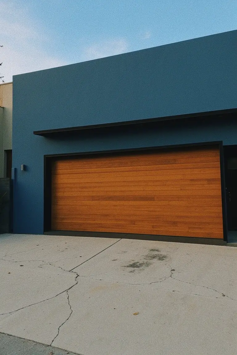 Modern home exterior featuring deep navy blue walls paired with a wooden garage door and concrete driveway