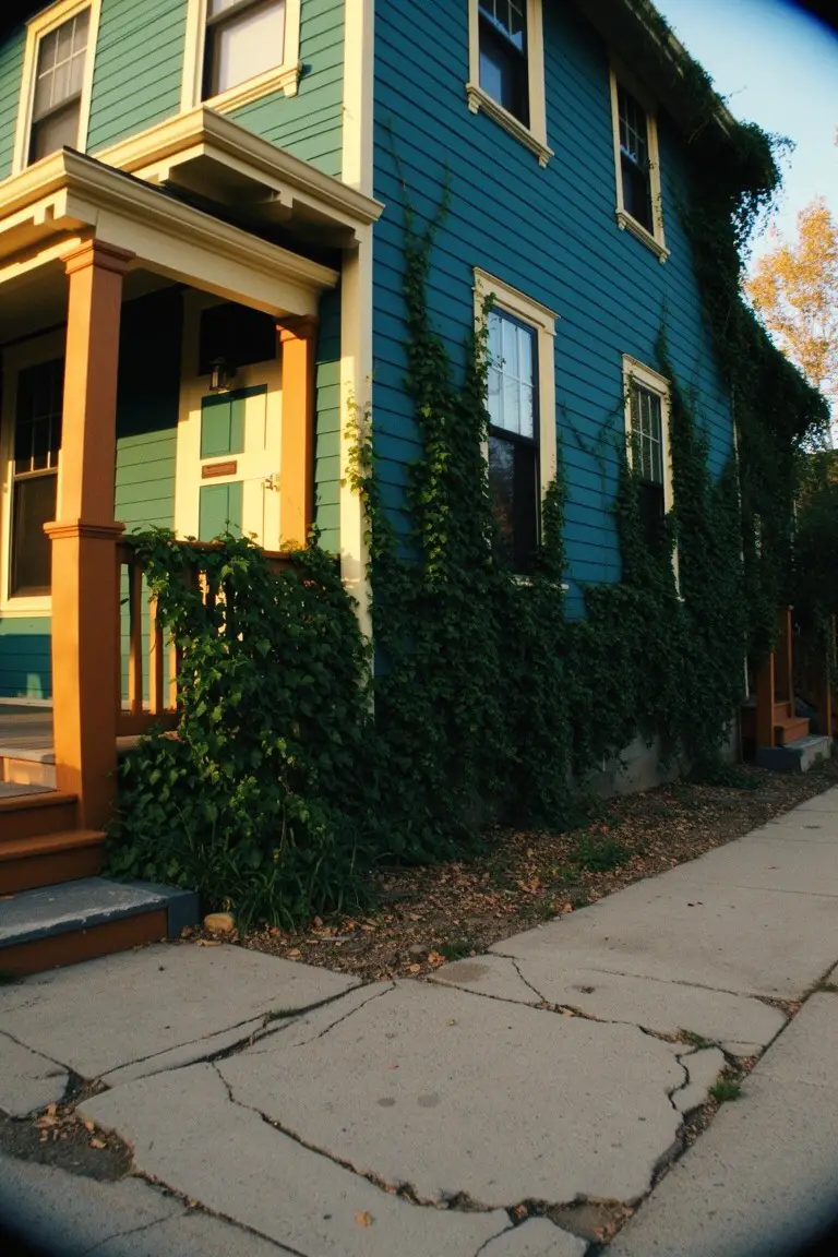 Teal clapboard house exterior with ivy, wooden porch columns, and cracked sidewalk