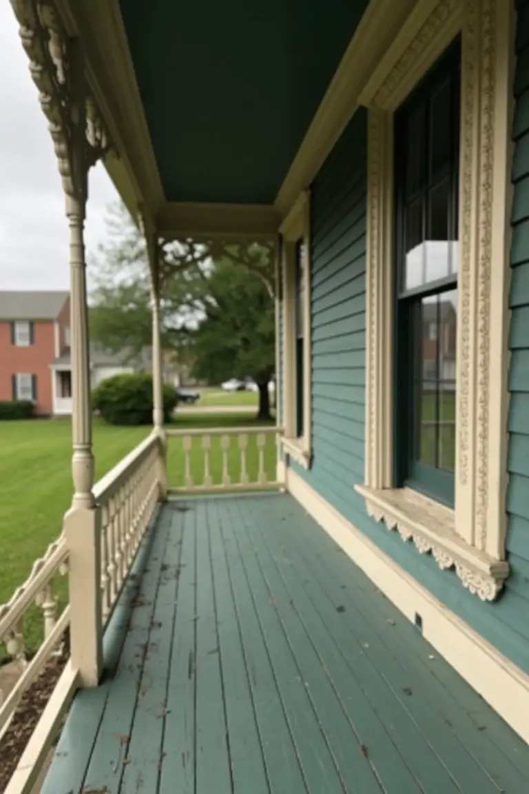 Older Victorian house with deep teal siding, cream trim around windows and porch, and wooden details under a green ceiling