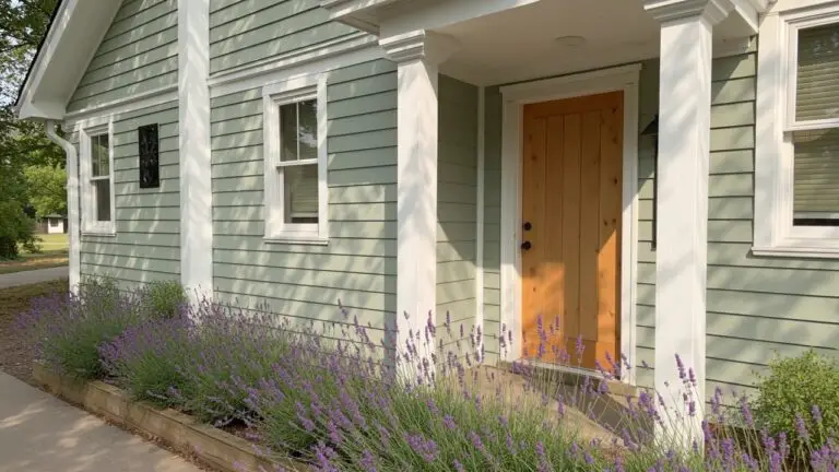 Light sage green house with natural wood door, white trim, and lavender bushes on the porch steps