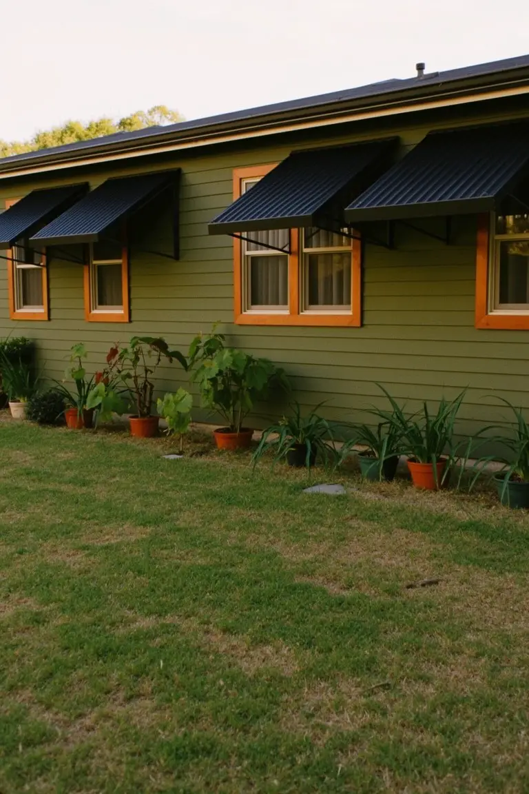 Muted sage green house siding with orange window trim, black awnings, and potted plants along the base