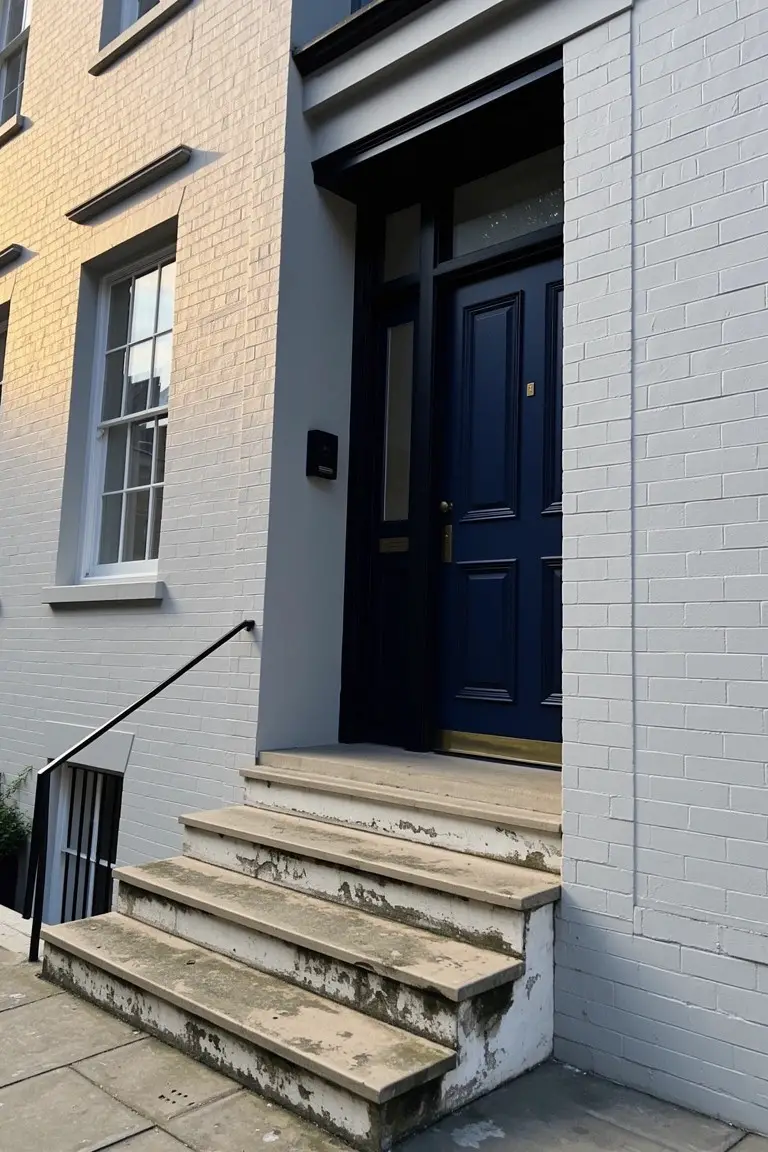 White brick house exterior with a deep navy blue front door and stone steps