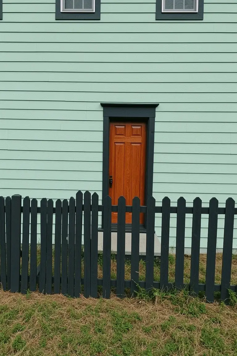 Pale mint green house siding with orange wood door, black trim, and picket fence