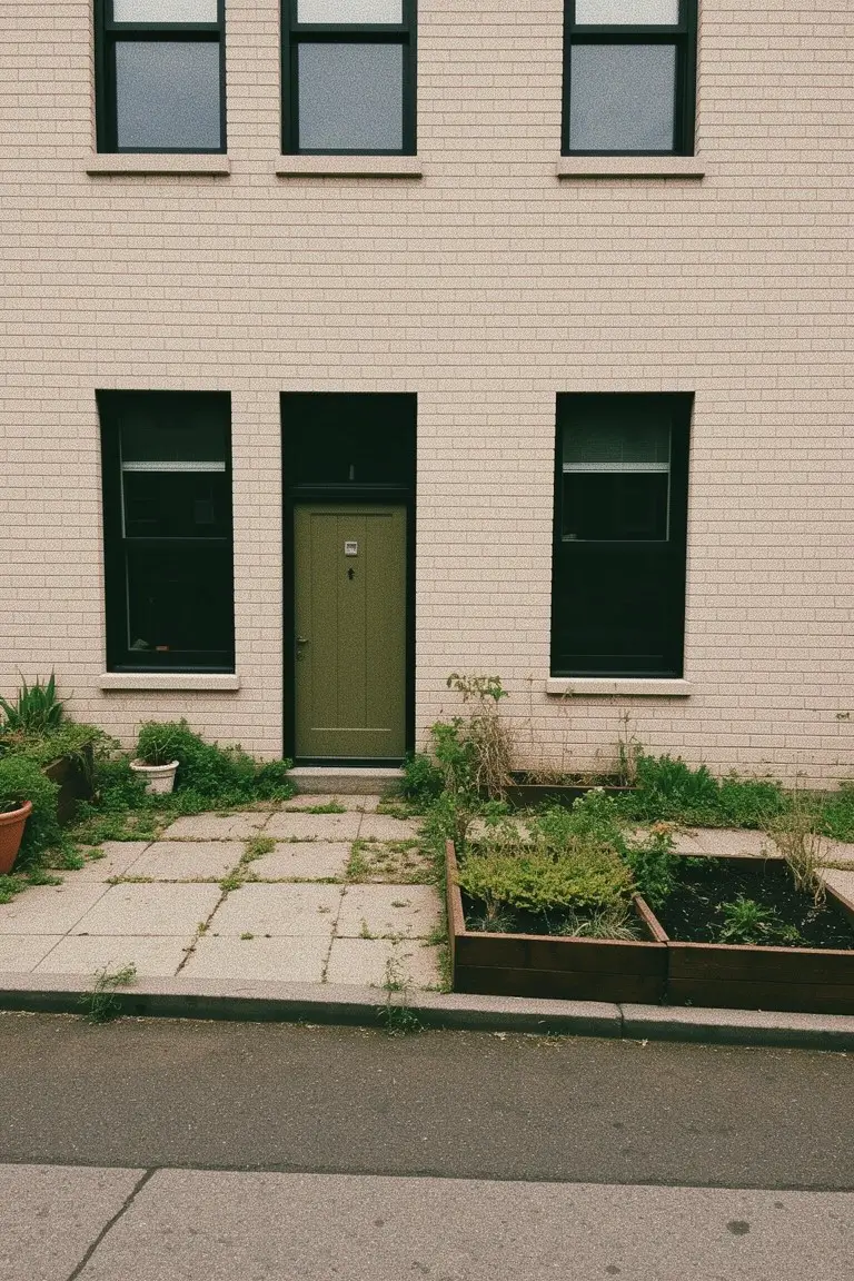 Beige brick house with deep sage green front door, black window frames, and raised garden beds