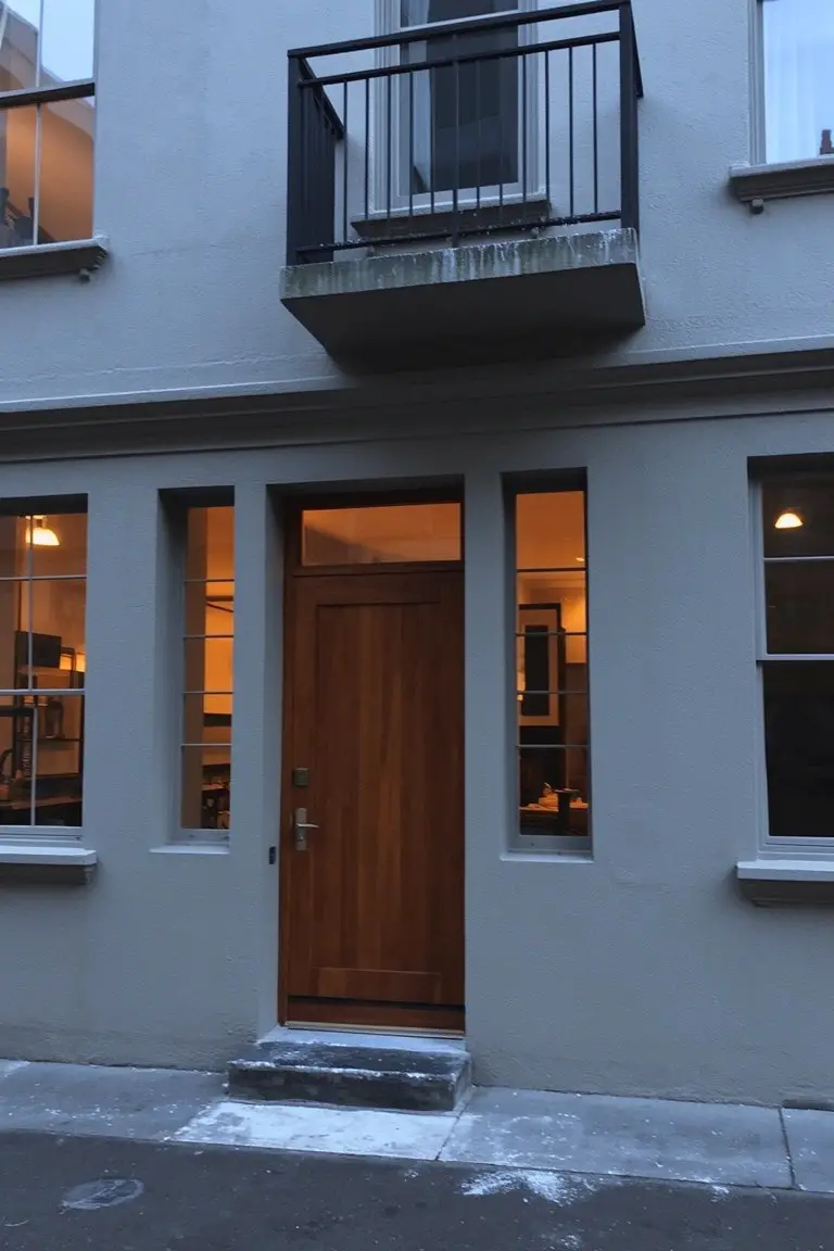 Soft light gray house exterior with wooden entry door and black metal balcony railing