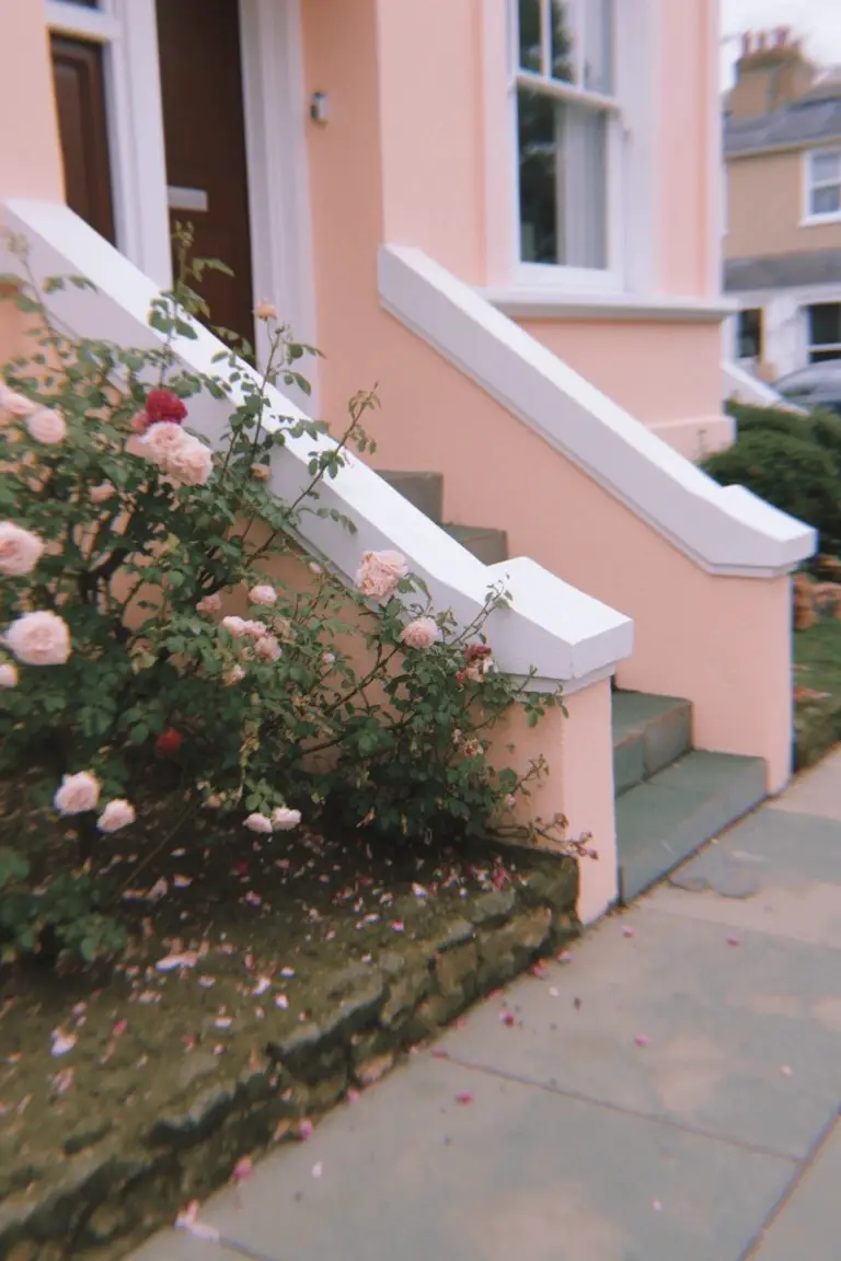 Pale pink Victorian-style house exterior with white steps, door trim, and blooming rose bushes along the side.