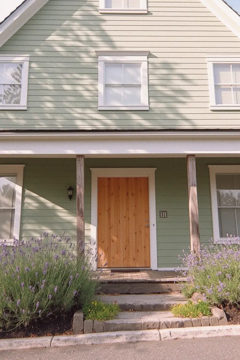 Light sage green house with natural wood door, white trim, and lavender bushes on the porch steps