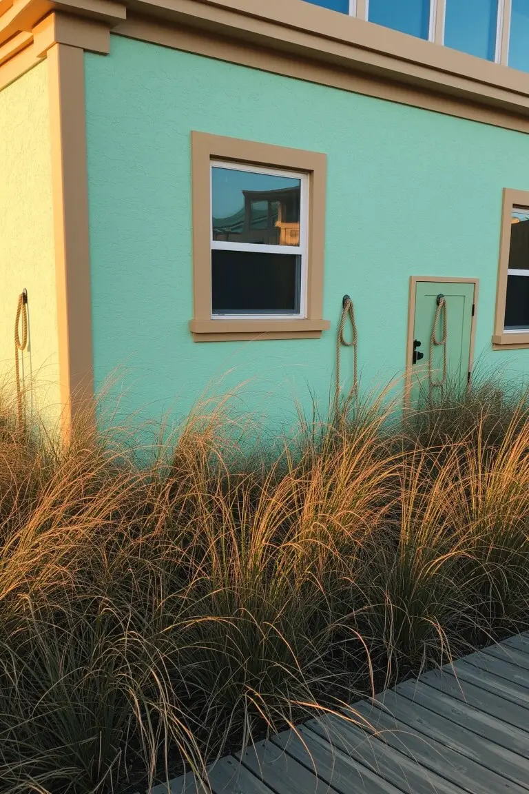 Light seafoam green house exterior with beige trim, rope details, and tall grasses along a wooden walkway