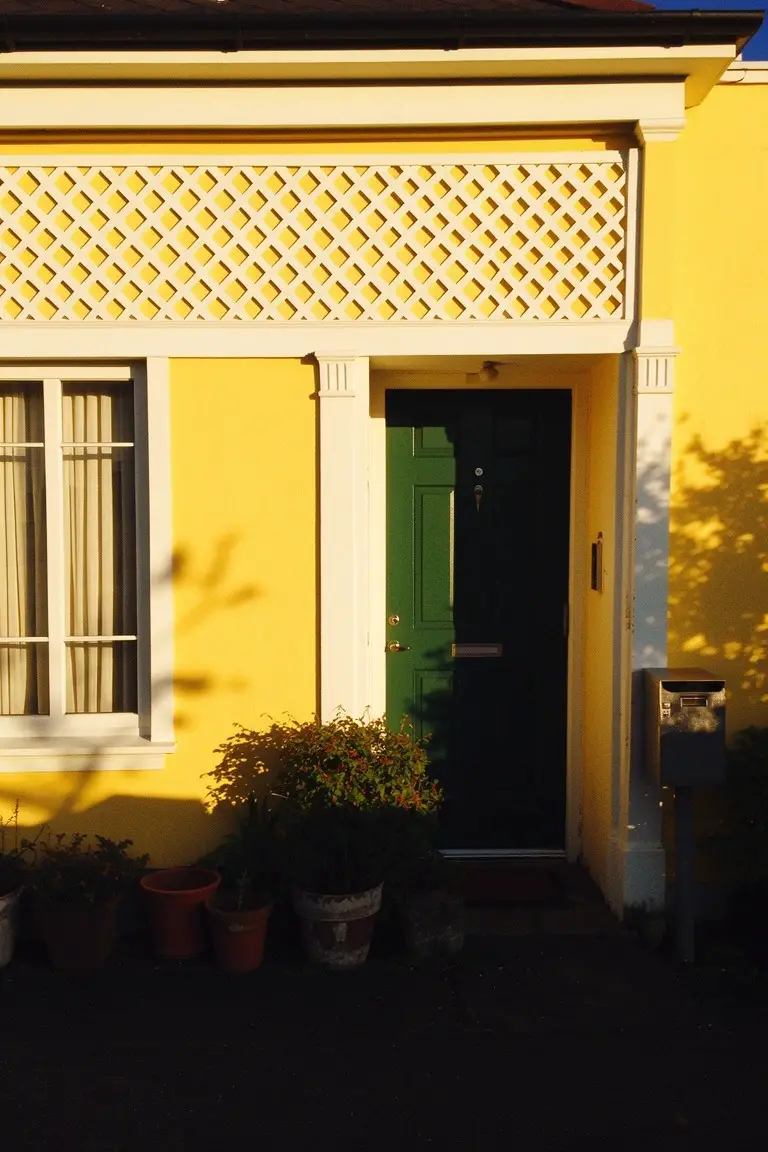 Bright yellow house with white trim, green front door, and potted plants on the step