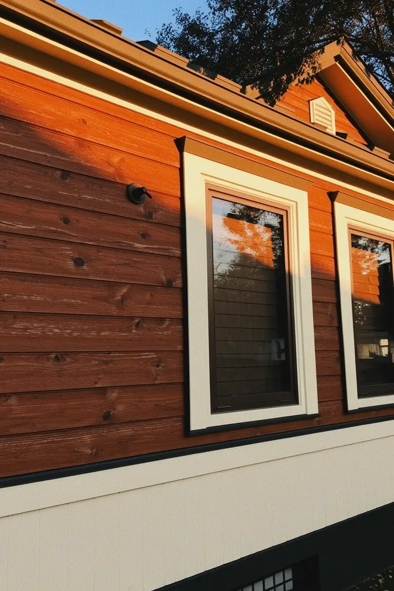 Warm reddish-brown wood siding on a house exterior with white window frames and black foundation trim