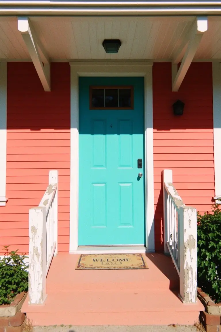 Cozy home with warm coral pink clapboard siding, turquoise front door, white porch rails, and potted plants